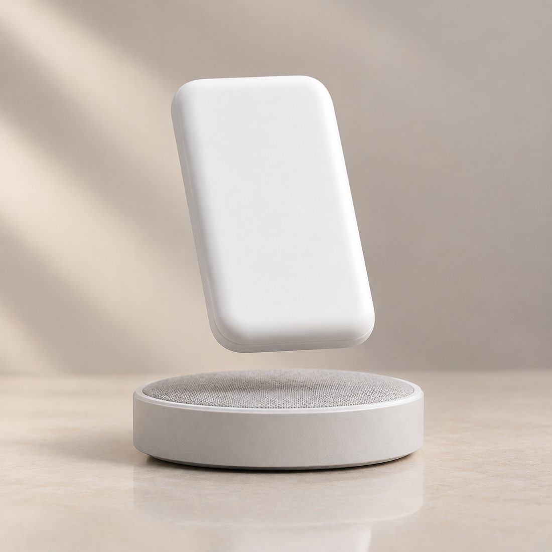 Batterie externe magnétique Rayzox blanche, flottant sur un socle premium